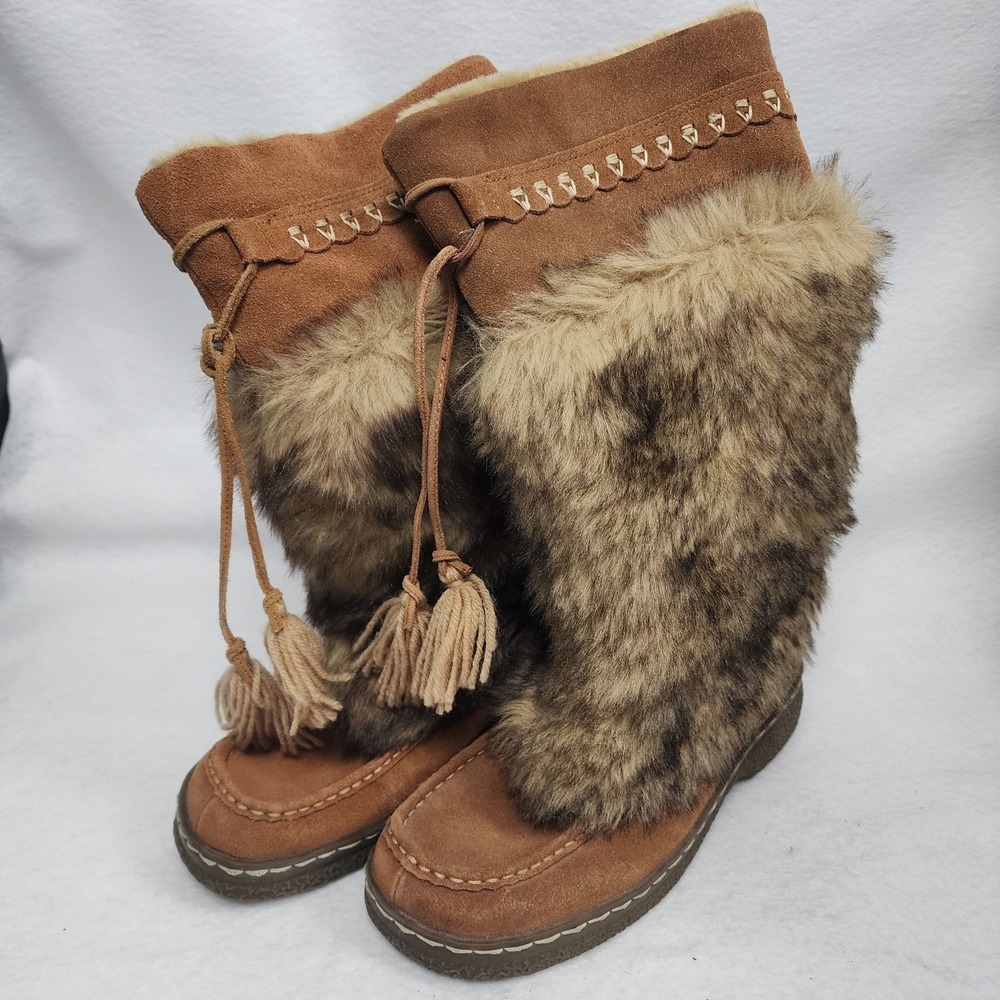 Baretraps Windy Womens US 8.5 Boots Brown Leather Faux Fur Muk Luks Snow Boots